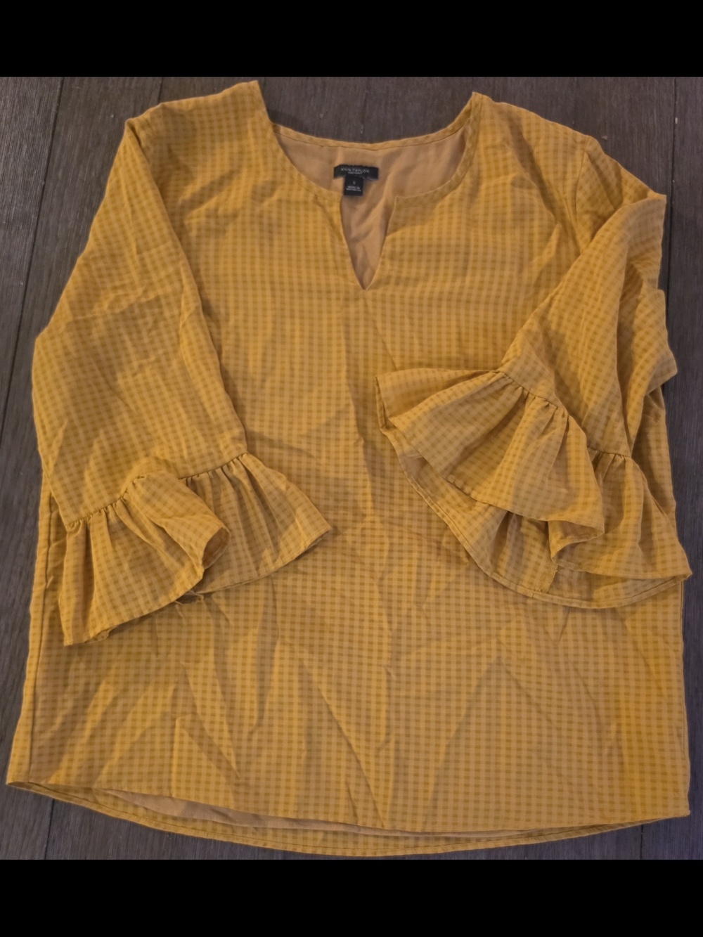 Ann Taylor Factory Mustard Ruffle Checkered Sleeve Blouse Size Small